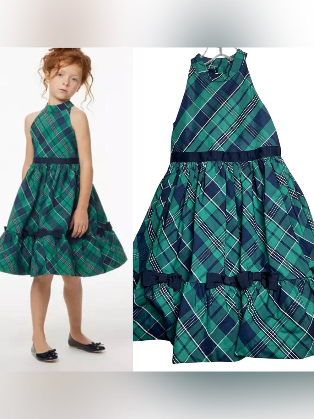 Janie & Jack Girls Ferry Green Plaid Bow Dress Party Holiday Christmas Sz 5